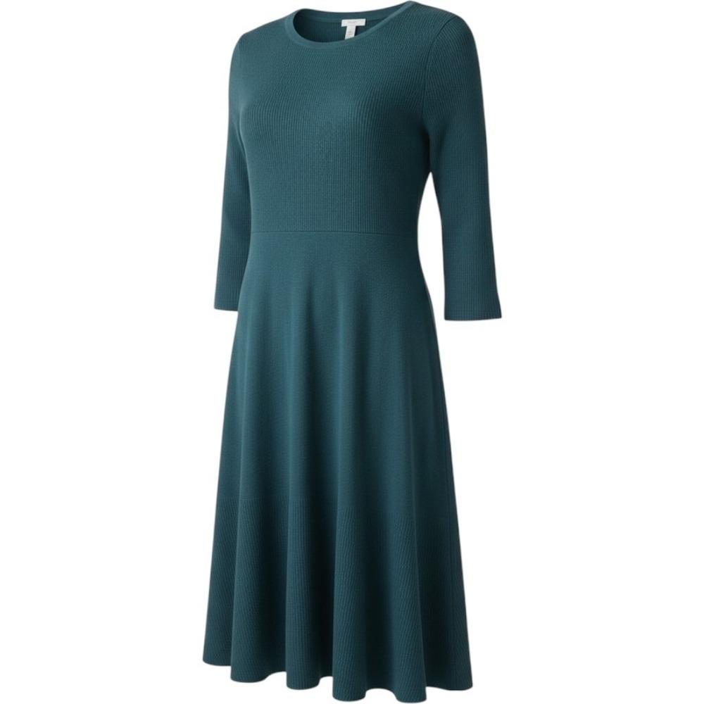 J. Jill Ribbed Fit and Flare Sweater Dress Dark Teal XL Tall 282573